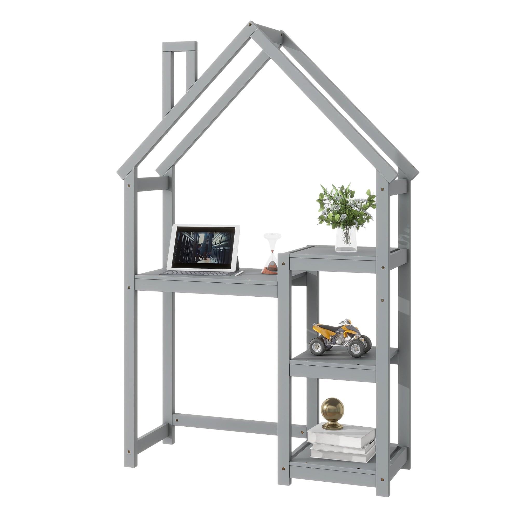 House-shaped Wooden writing Desk,Kids study Table,Bookshelf &amp; Toy Storage,Grey