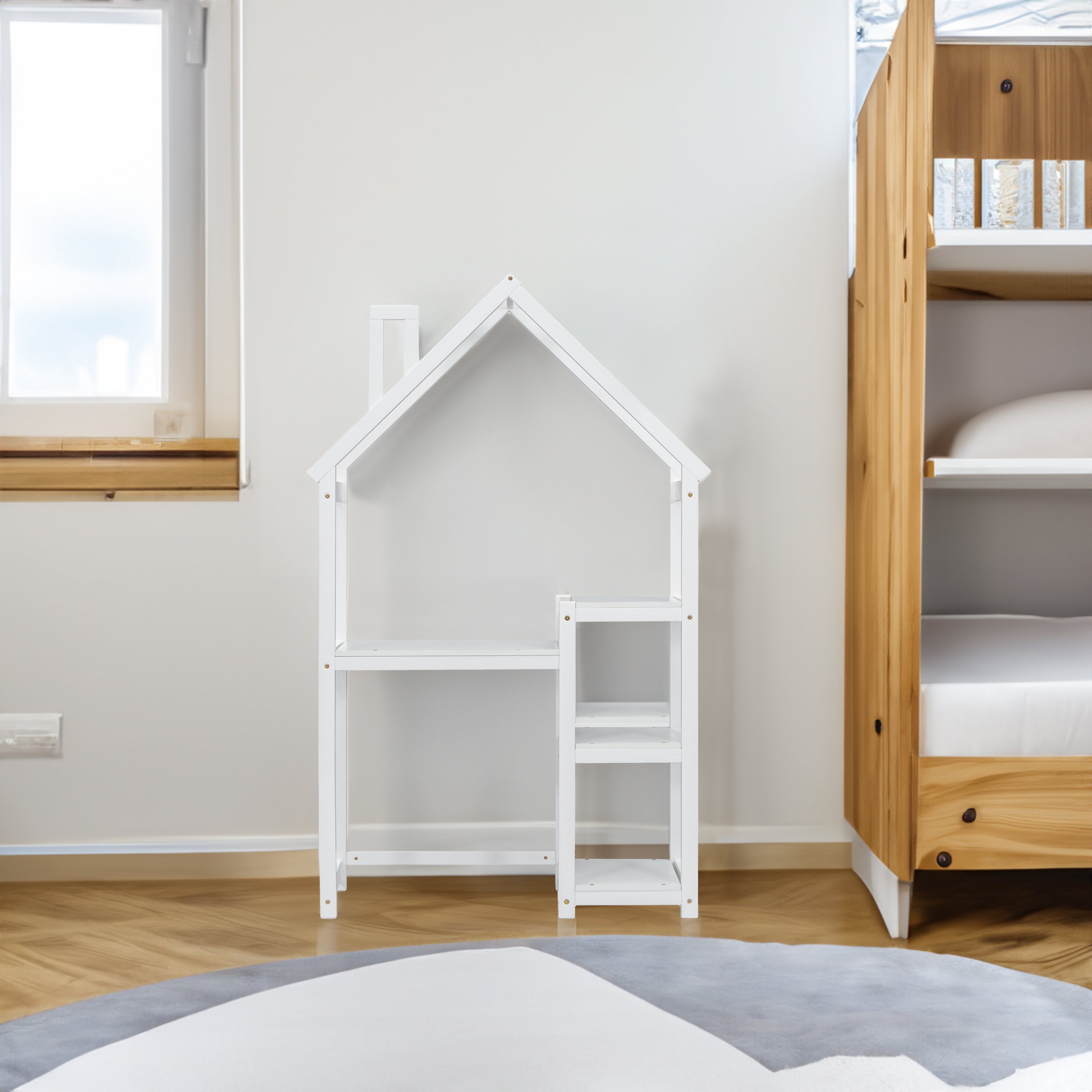 House-shaped Wooden writing Desk,Kids study Table,Bookshelf &amp; Toy Storage,White