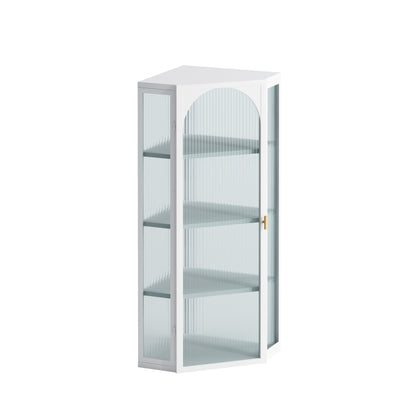 Glass Door Wall Mounted Corner Cabinet with Featuring Four-tier Storage  White