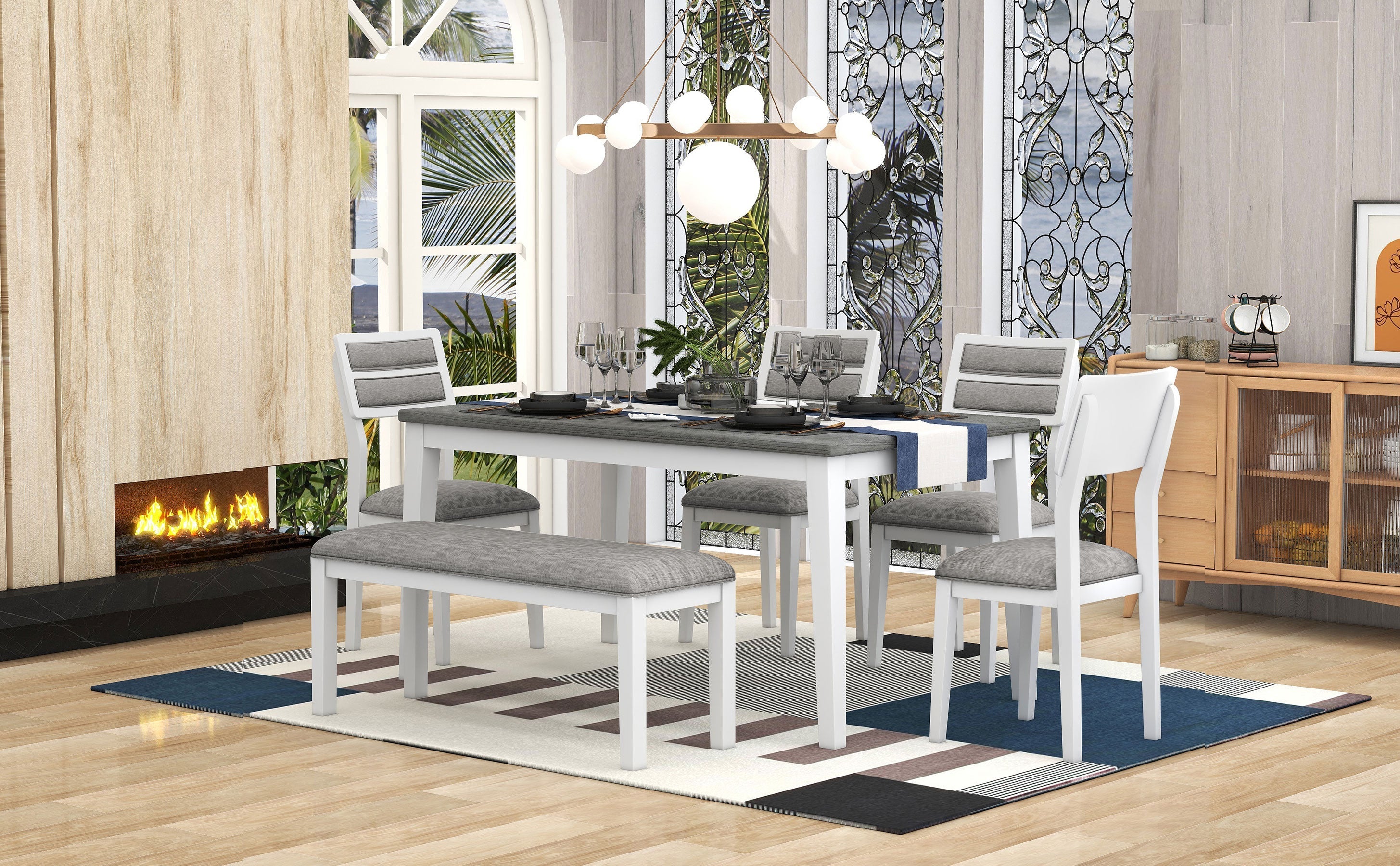 TREXM Classic and Traditional Style 6 - Piece Dining Set, Includes Dining Table  4 Upholstered Chairs &amp; Bench (White+Gray)
