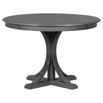 TREXM Five Piece Retro Round Dining Table Set with Curved Brackets and 4 Restaurant Cushioned Chairs (Dark Gray)