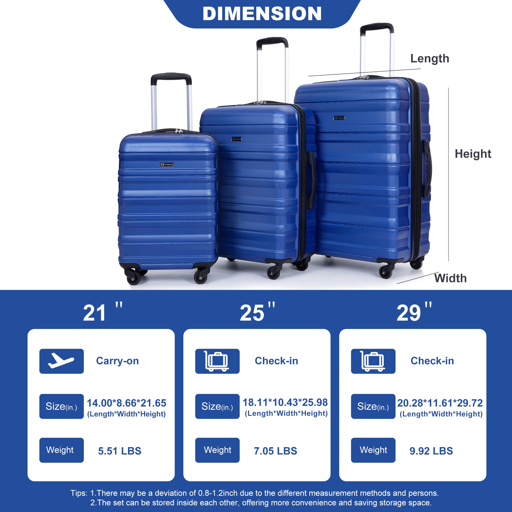 3 Piece Luggage Sets PC Lightweight &amp; Durable Expandable Suitcase with Two Hooks, Spinner Wheels, TSA Lock, (21/25/29) Dark Blue