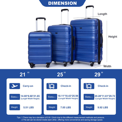 3 Piece Luggage Sets PC Lightweight &amp; Durable Expandable Suitcase with Two Hooks, Spinner Wheels, TSA Lock, (21/25/29) Dark Blue