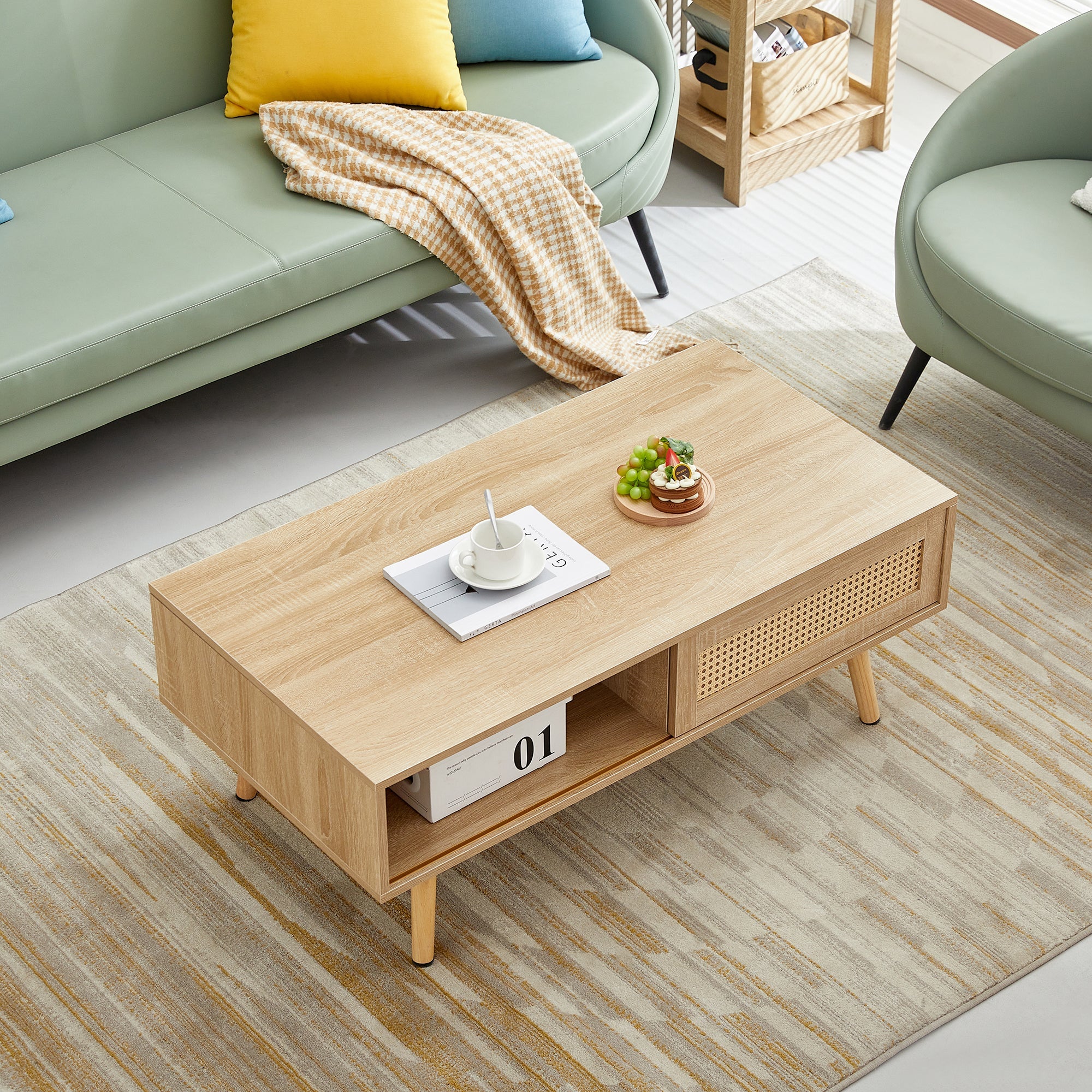 41.34" Rattan Coffee table sliding door for storage solid wood legs Modern table for living room  natural