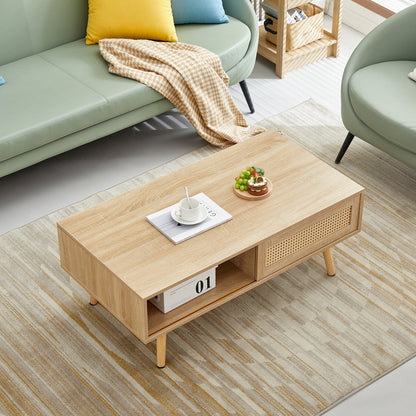 41.34" Rattan Coffee table sliding door for storage solid wood legs Modern table for living room  natural