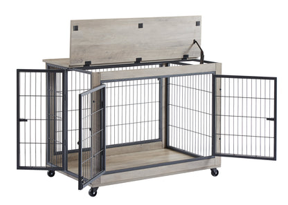 Furniture Style Dog Crate Side Table on Wheels with Double Doors and Lift Top.Grey,38.58&