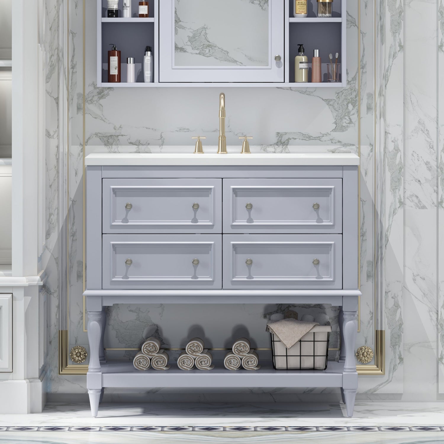 36" Bathroom Vanity Cabinet with Sink Combo Set, Undermount Resin Sink, Free Standing Vanity Set with 4 Drawers Blue