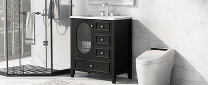 30" Bathroom Vanity with Sink, Bathroom Vanity Cabinet with Three Drawers and Door, Solid Wood and MDF, Black
