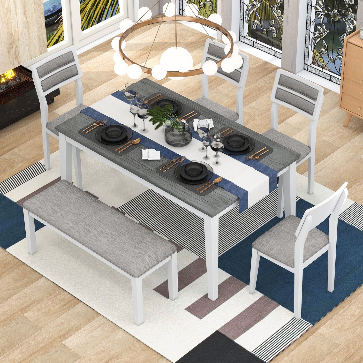 TREXM Classic and Traditional Style 6 - Piece Dining Set, Includes Dining Table  4 Upholstered Chairs &amp; Bench (White+Gray)