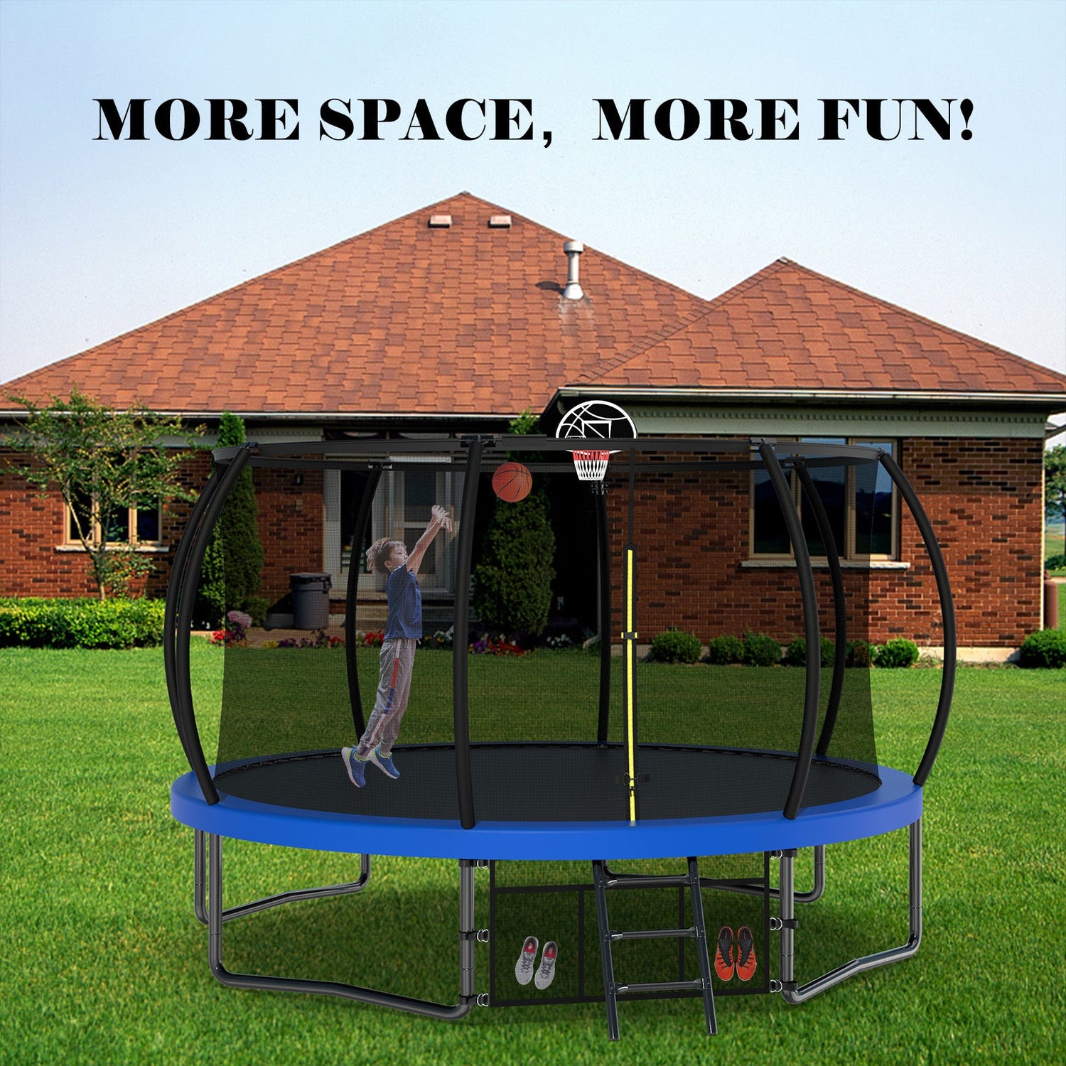 12FT Recreational Kids Trampoline with Safety Enclosure Net &amp; Ladder, Outdoor Recreational Trampolines