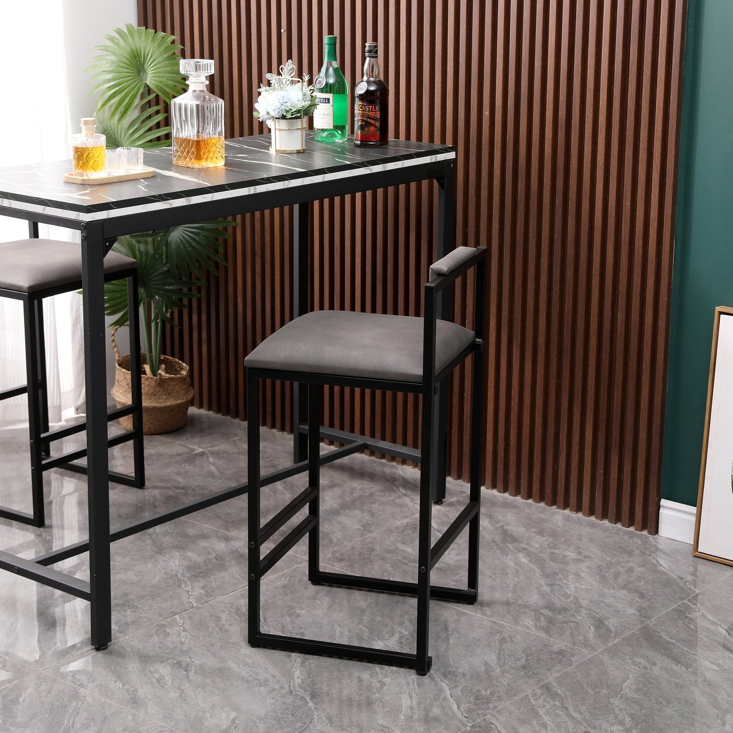 Set of 2 Counter Height Barstools Kitchen Island Stools (Gray with Back)