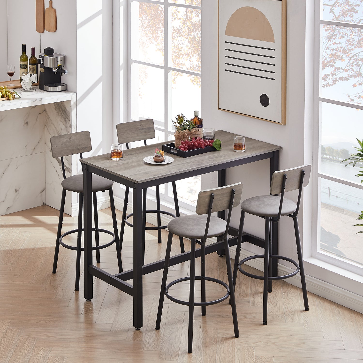 Bar Table Set with 4 Bar stools PU Soft seat with backrest Grey 47.24&