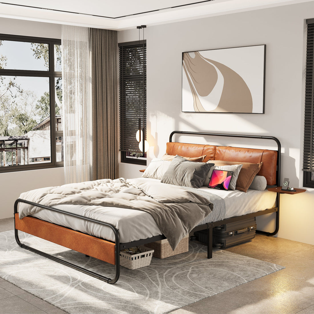 King Size Metal Bed Frame with Upholstered Headboard, with wireless charging and USB A &amp; USB C, Touch LED light Vintage Brown