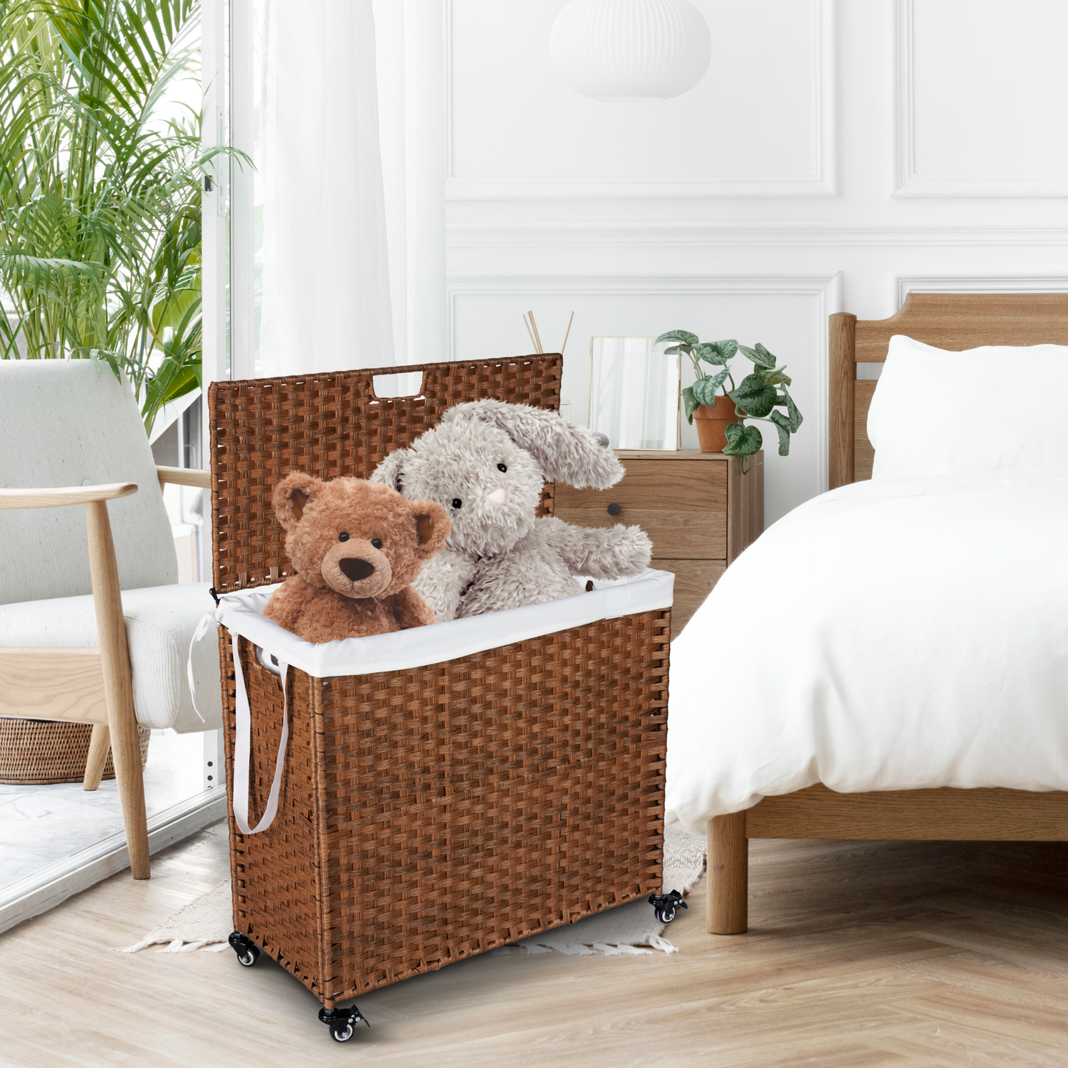 Laundry Hamper With Lid PE Rattan Powder Coating Frame Clothes Hampers with 02 Removable Bags, Wheels, 160L, Brown Color