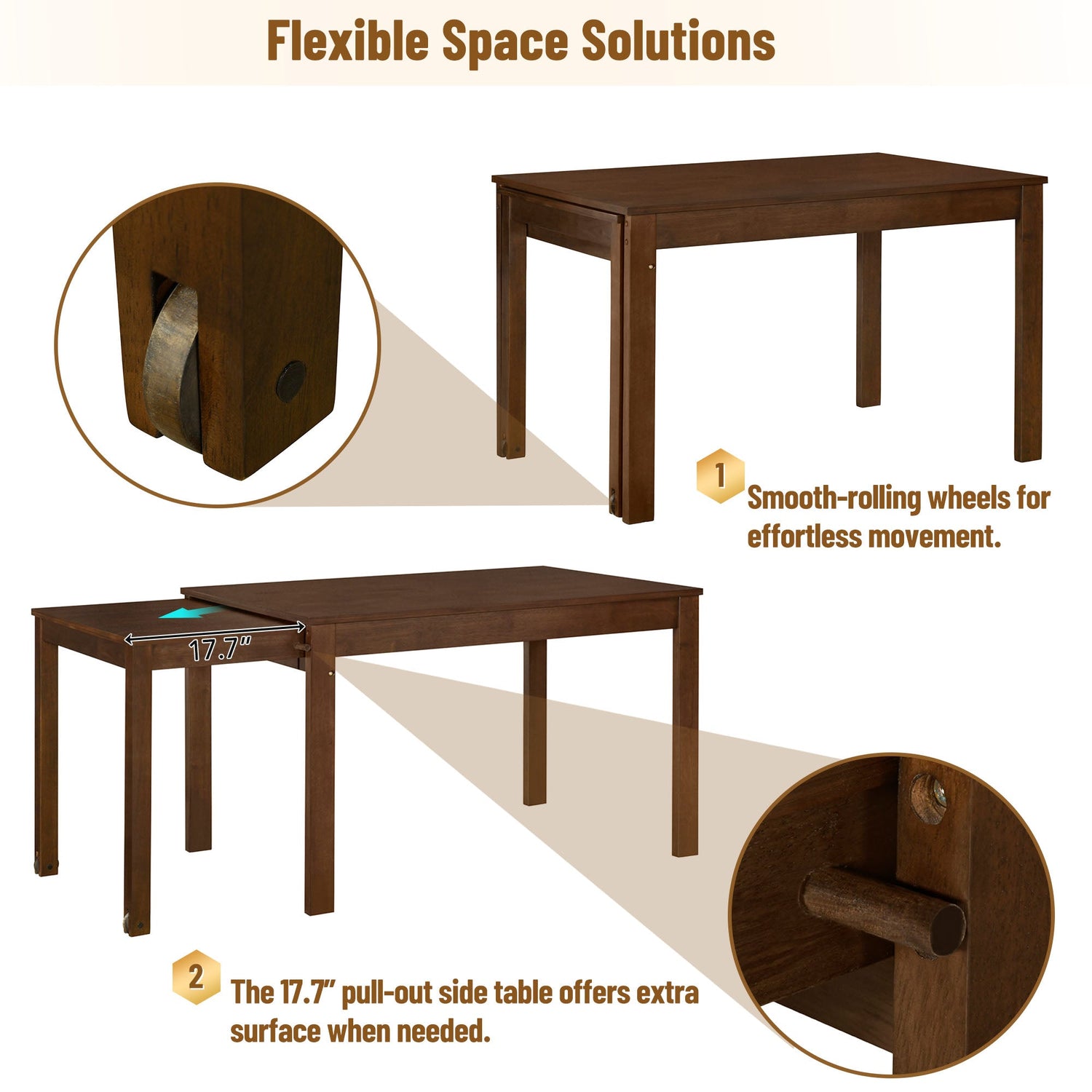 TOPMAX 65 "5-piece set with wheels and expandable dining table set 17.7" pull-out side table and small dining chair Brown