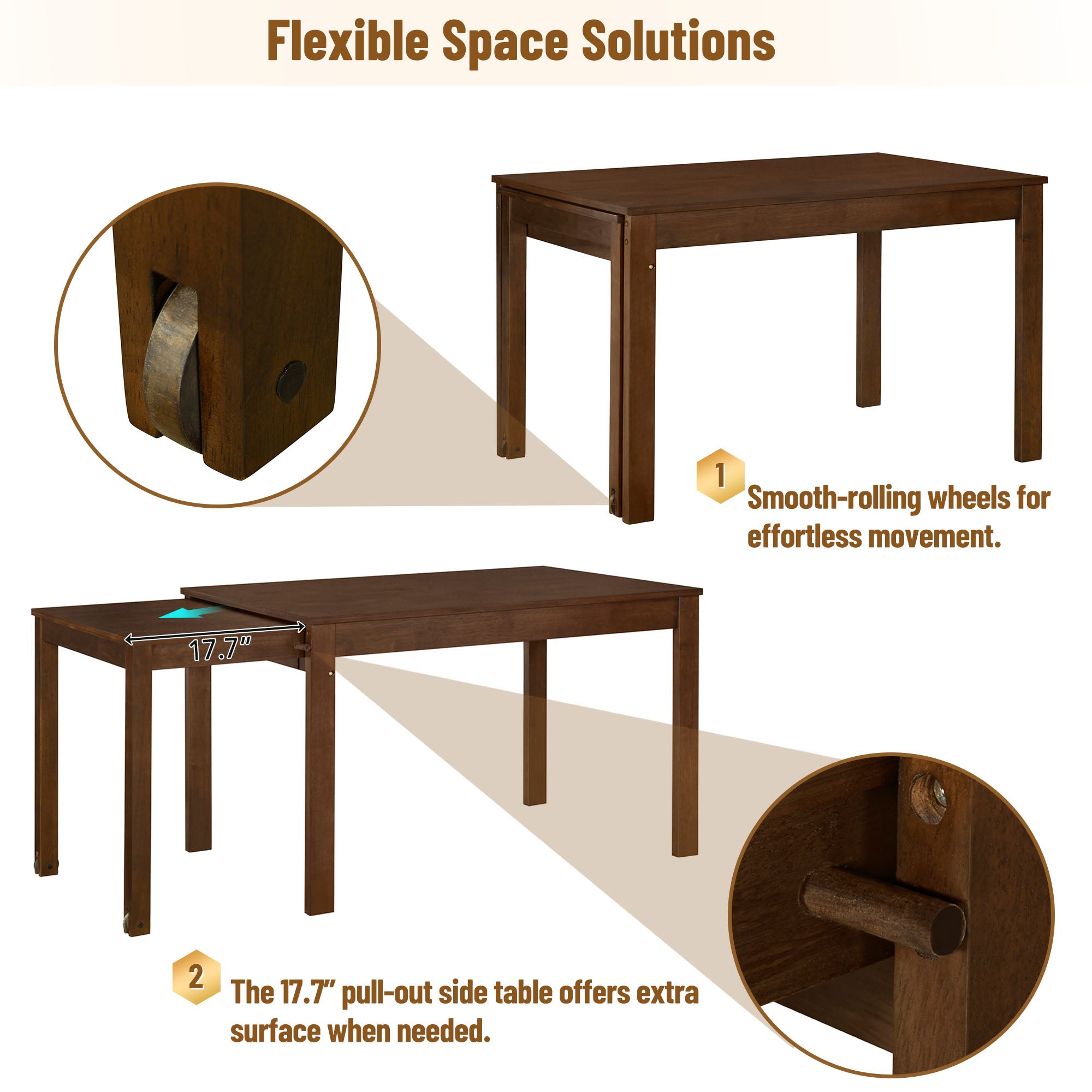 TOPMAX 65 "5-piece set with wheels and expandable dining table set 17.7" pull-out side table and small dining chair Brown