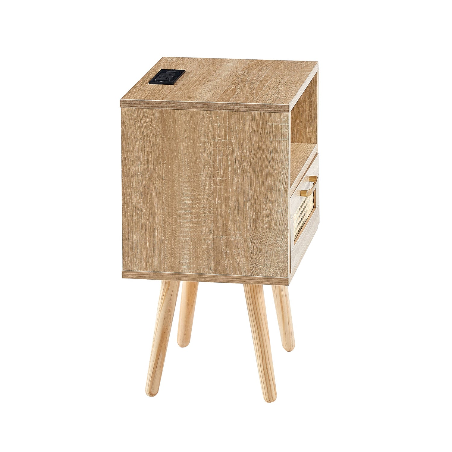 15.75" Rattan End table with Power Outlet &amp; USB Ports  Modern nightstand with drawer and solid wood legs