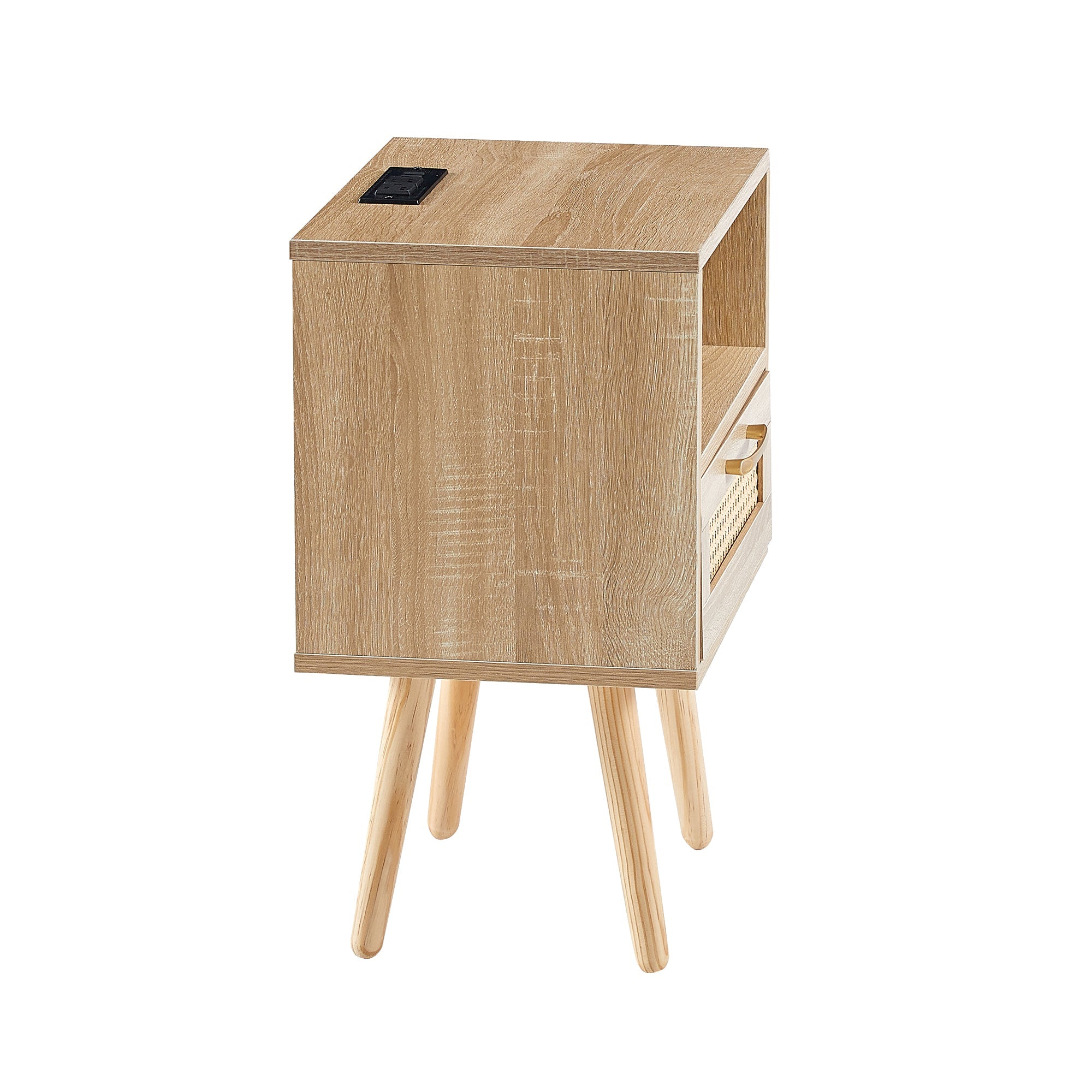 15.75" Rattan End table with Power Outlet &amp; USB Ports  Modern nightstand with drawer and solid wood legs