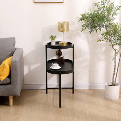 2-Tier Black Side Table with Storage Sofa Table for Living Room Metal Frame &amp; Wooden Desk End Table