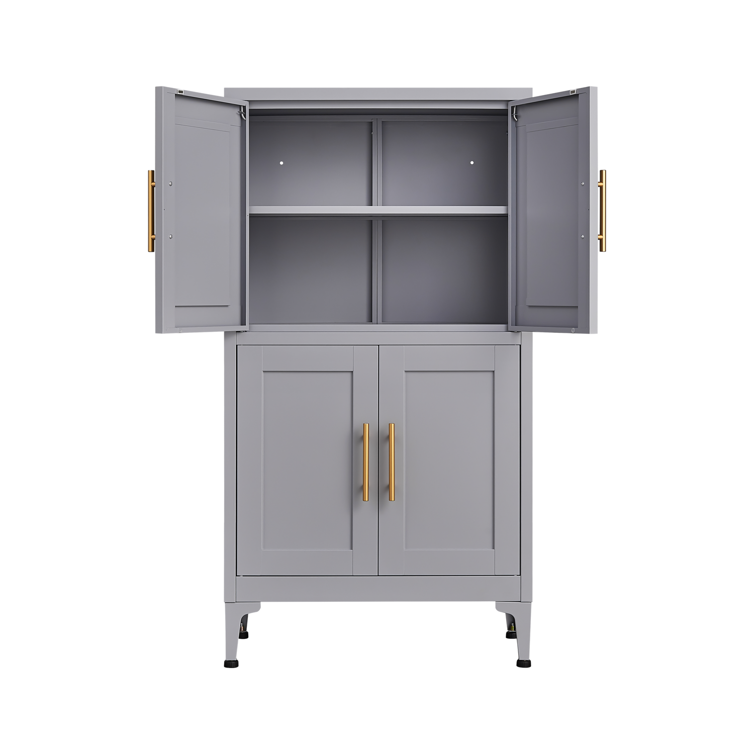 Grey metal kitchen storage cabinet, kitchen pantry storage cabinet with door and shelf, adjustable leveling feet