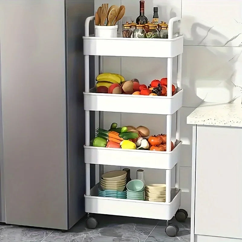 White rolling storage cart. Multifunctional, open shelves for books, ideal for kitchen &amp; bedroom storage
