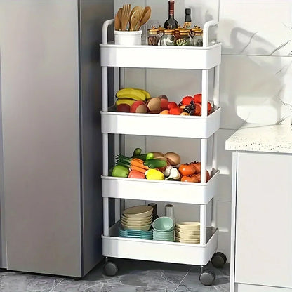 White rolling storage cart. Multifunctional, open shelves for books, ideal for kitchen &amp; bedroom storage