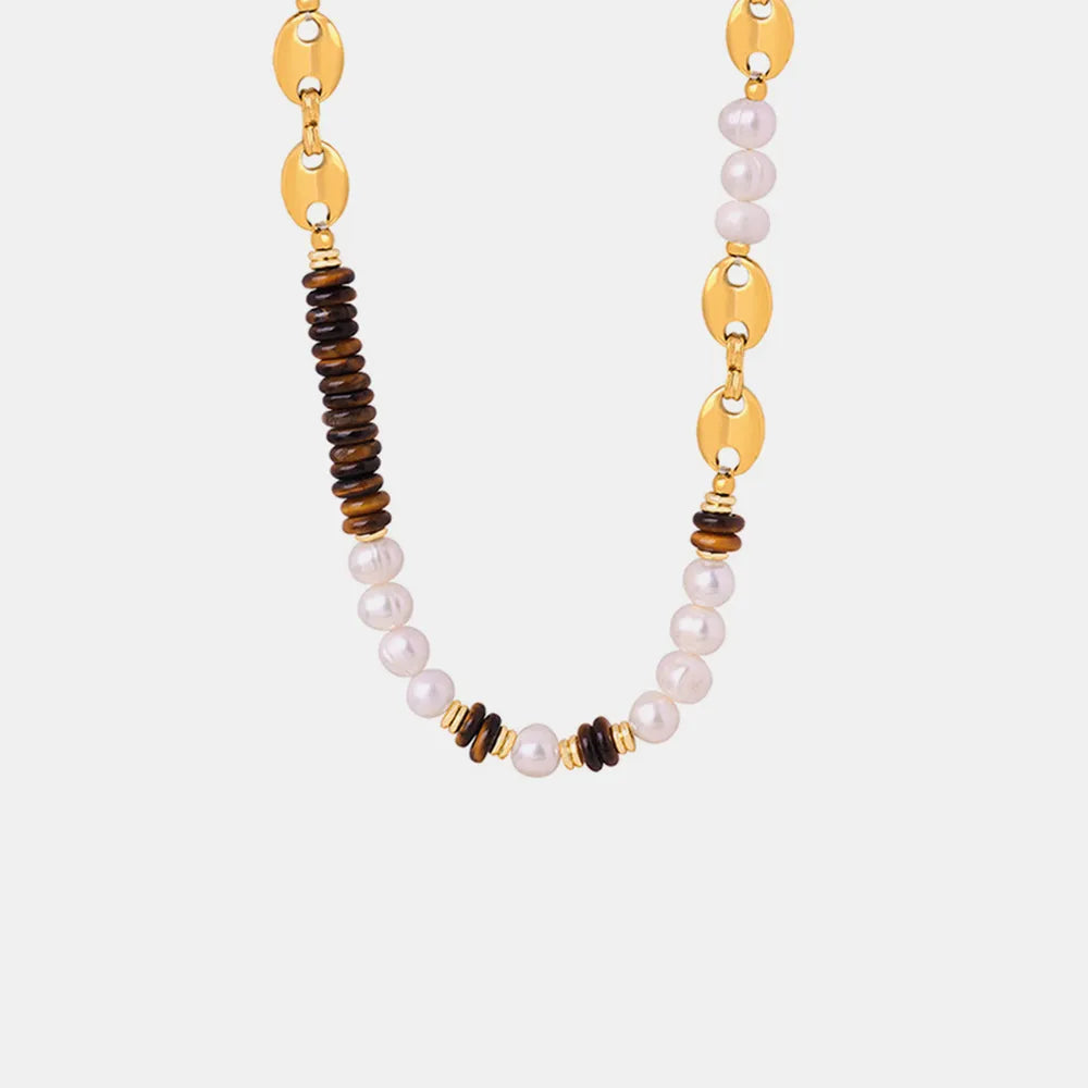 Versatile Light Luxury Titanium Steel Freshwater Pearl Tiger Eye Stone Pig Nose Chain Necklace Jewelry for Women