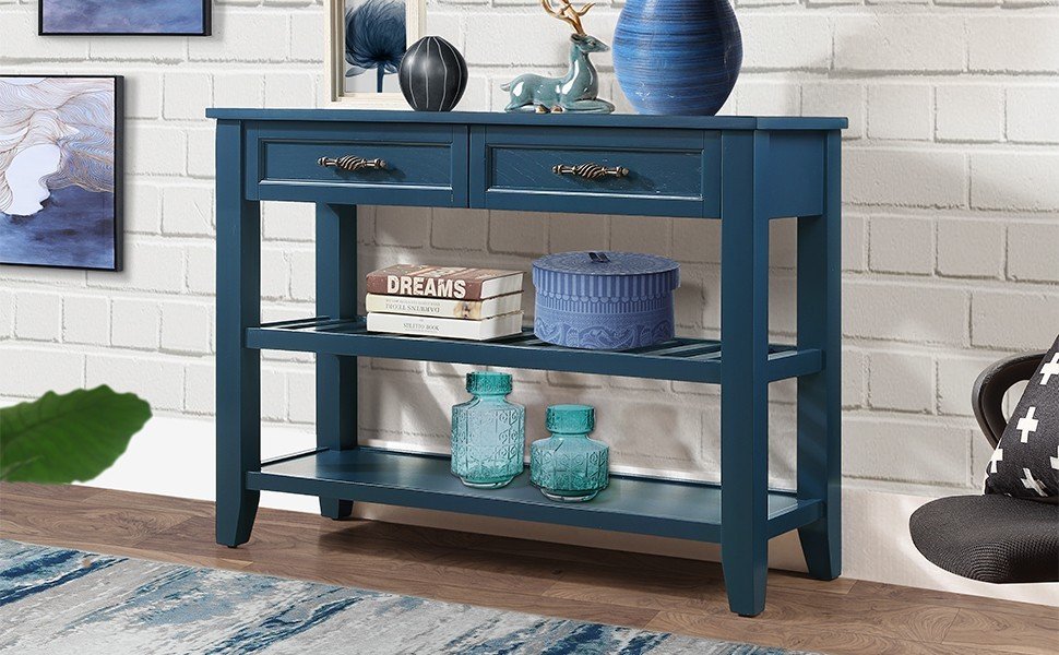 Console Sofa Table with 2 Storage Drawers and 2 Tiers Shelves Mid-Century Style 42&