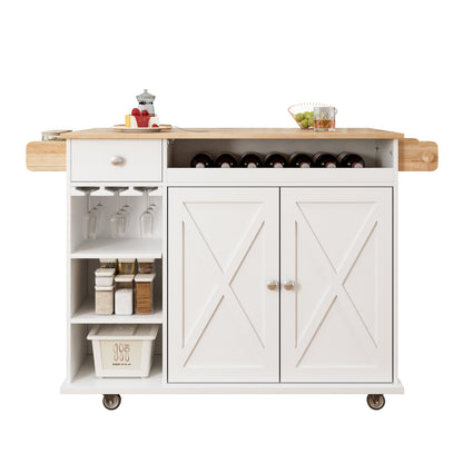 44 Inch Kitchen Island Cart with Solid Wood Top, Wine Storage, Spice Rack, Towel Rack, Wine Glass Holder White &amp; Oak