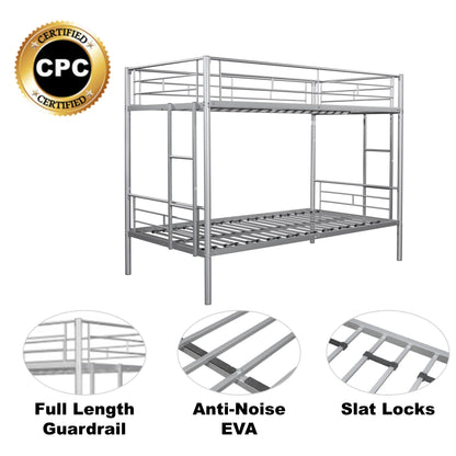 Metal bunk bed/sturdy/noise reduction/2 side ladders/safety guardrails/CPC certification/no spring box required (Silver)