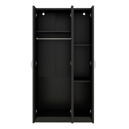 3 Door Wardrobe with Mirror, Armoire with Hanging Rod and 3 Fixed Shelves,Black