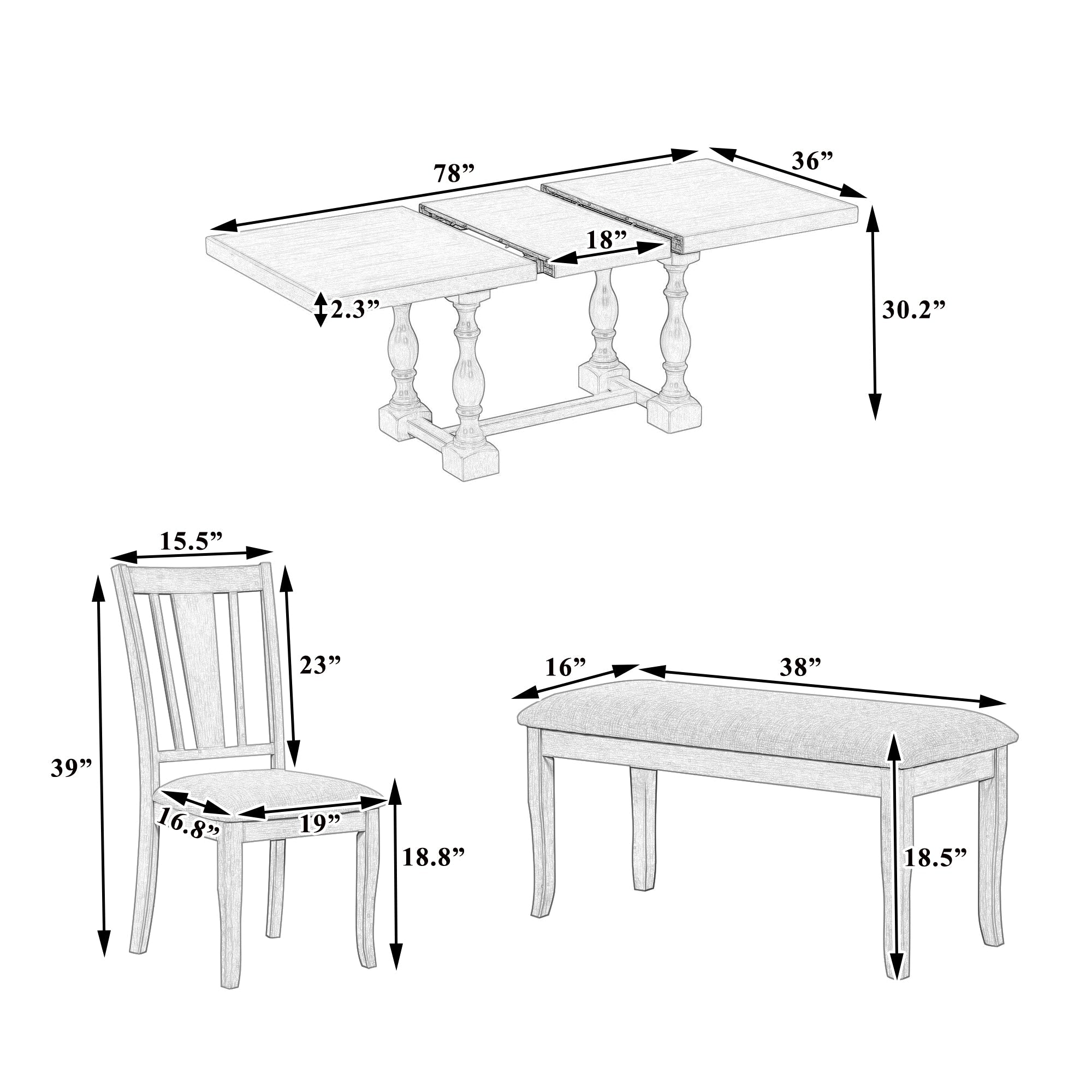 Traditional 6-Piece 78inch Trestle Extendable Dining Table Set with One 18inch Removable Leaf Padded Dining Chairs Bench,Natural