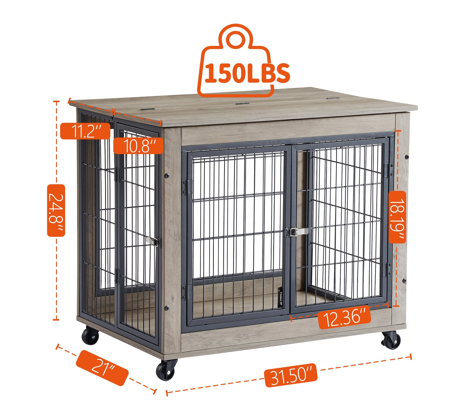 Furniture Dog Cage Crate with Double Doors on Casters. Grey, 31.50&