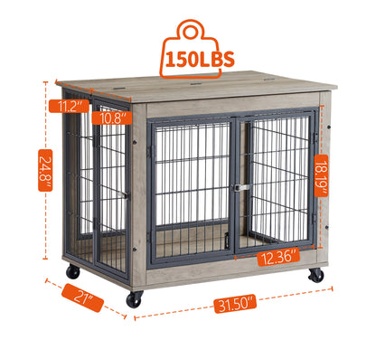 Furniture Dog Cage Crate with Double Doors on Casters. Grey, 31.50&