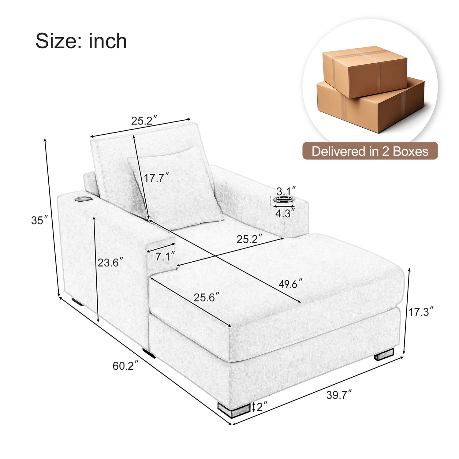 39.7" Oversized Chaise Lounger Modern Style Sofa Couch ,with Pillows, Charge Station &amp; Cup Holders, Chenille Fabric, Cream