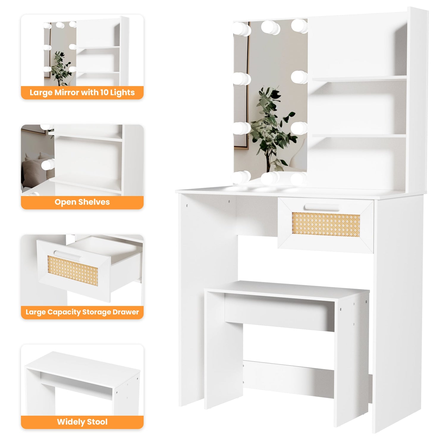 Vanity Desk Set Stool &amp; Dressing Table with LED Lighting Mirror Drawer and Wood Cosmetic Table Chest of Drawers White Color