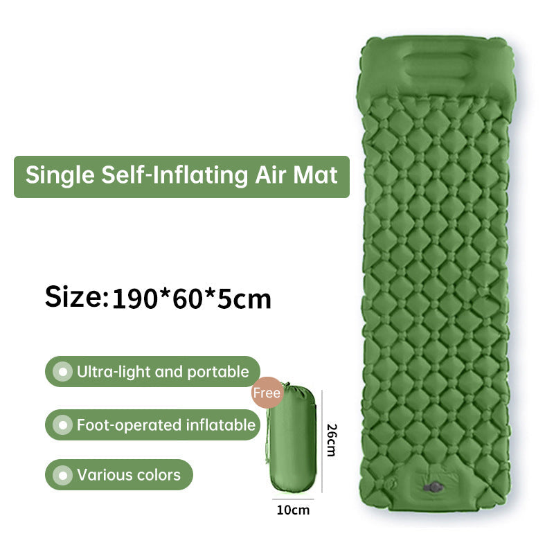 Outdoor double inflatable sleeping pad – with built-in pillow &amp; pump, for camping, backpacking, hiking.