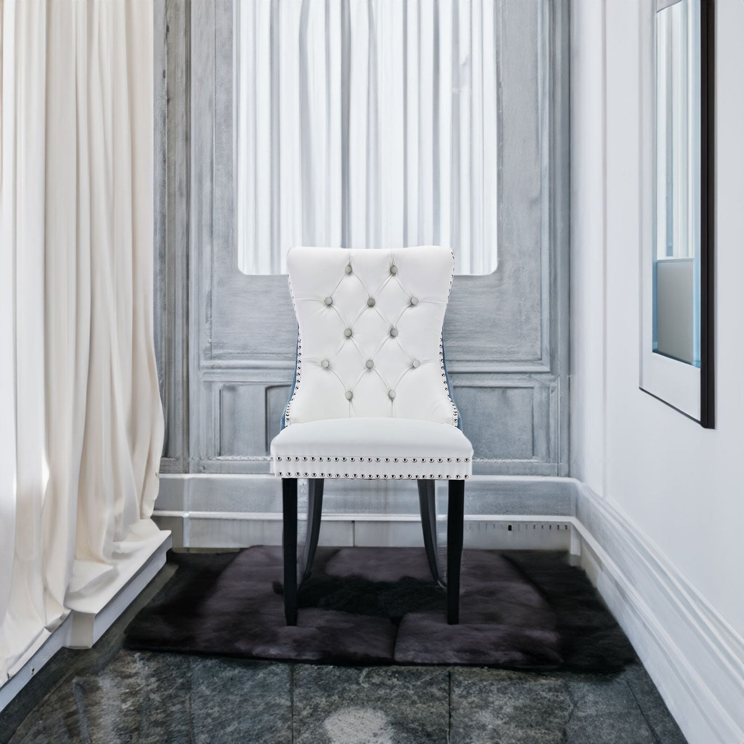 A&amp;A Furniture Nikki Collection Modern High-end Tufted Solid Wood Contemporary PU 2-Pcs Set White+Light Blue