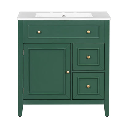 30" Bathroom Vanity with Sink Top, Bathroom Vanity Cabinet with Door and Two Drawers, Solid Wood Frame, One Package, Green