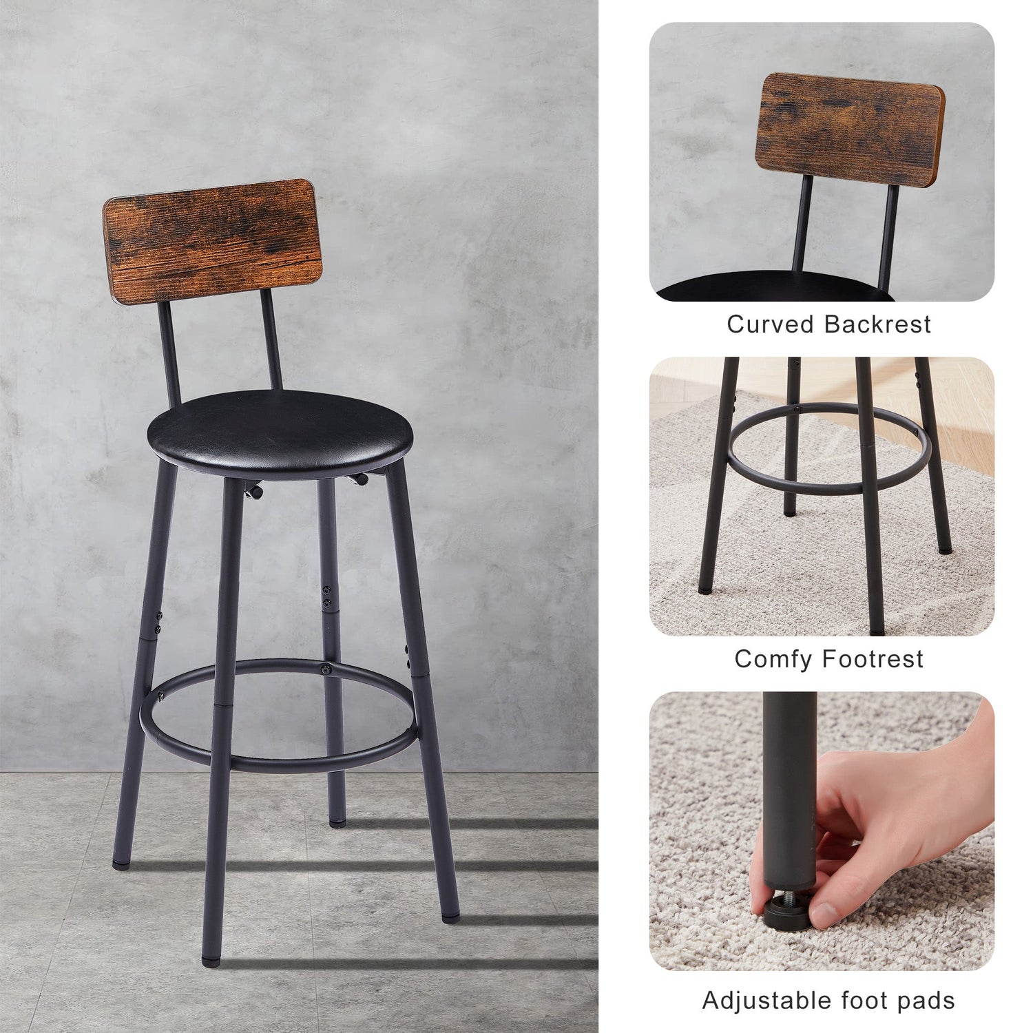 Round bar stool set with shelf upholstered stool with backrest Rustic Brown 23.62&
