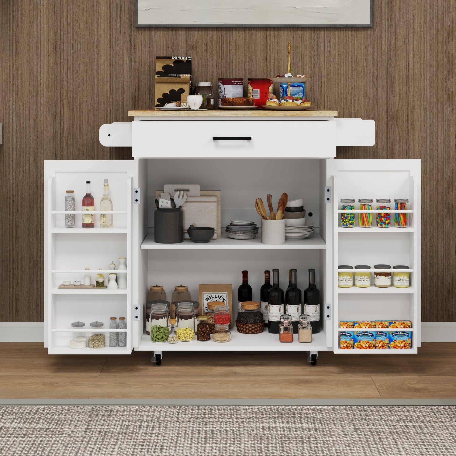 Kitchen island rolling trolley cart with 1 drawer &amp; 2 doors with storage racks &amp; Adjustable Shelves &amp; towel rack