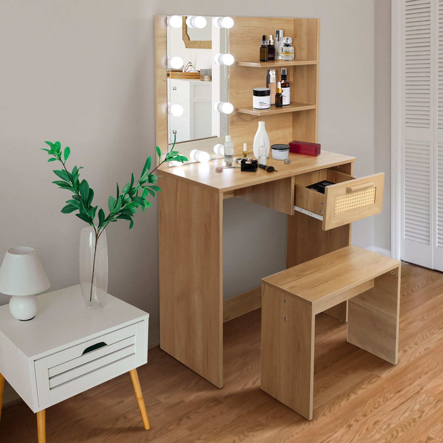 Vanity Desk Set Stool &amp; Dressing Table with LED Lighting Mirror Drawer and Wood Cosmetic Table Chest of Drawers Nature Color