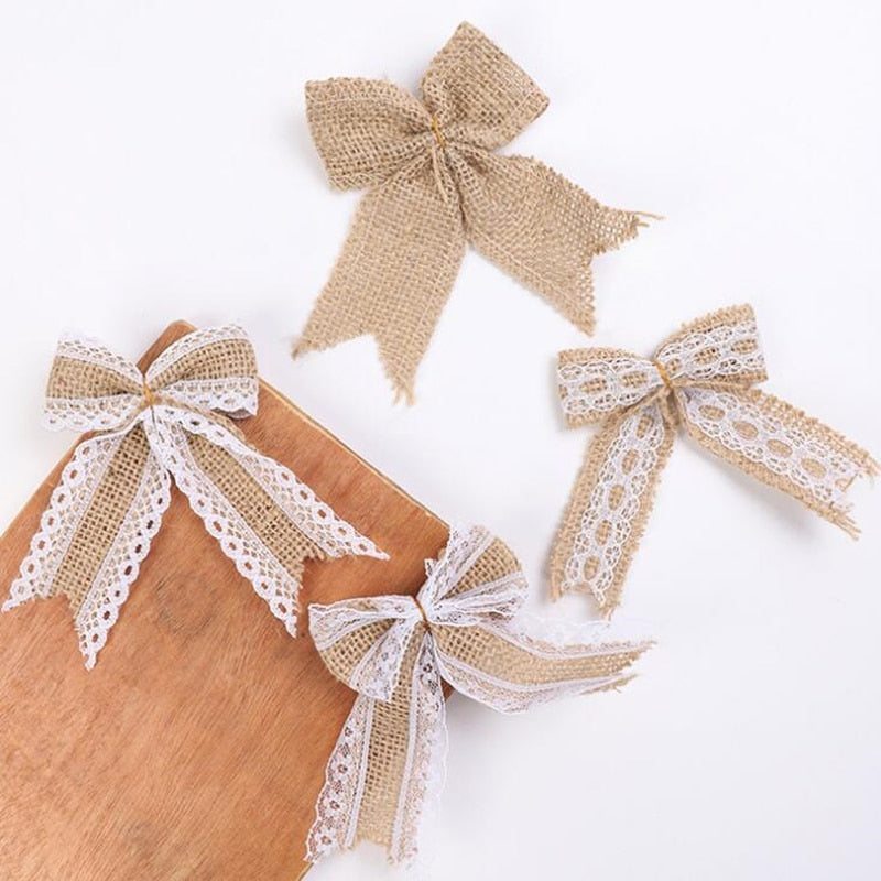 Vintage Natural Jute Burlap Lace Bows Ribbon Wedding Party Decoration Gift Box Packaging DIY Decoration Bowknot