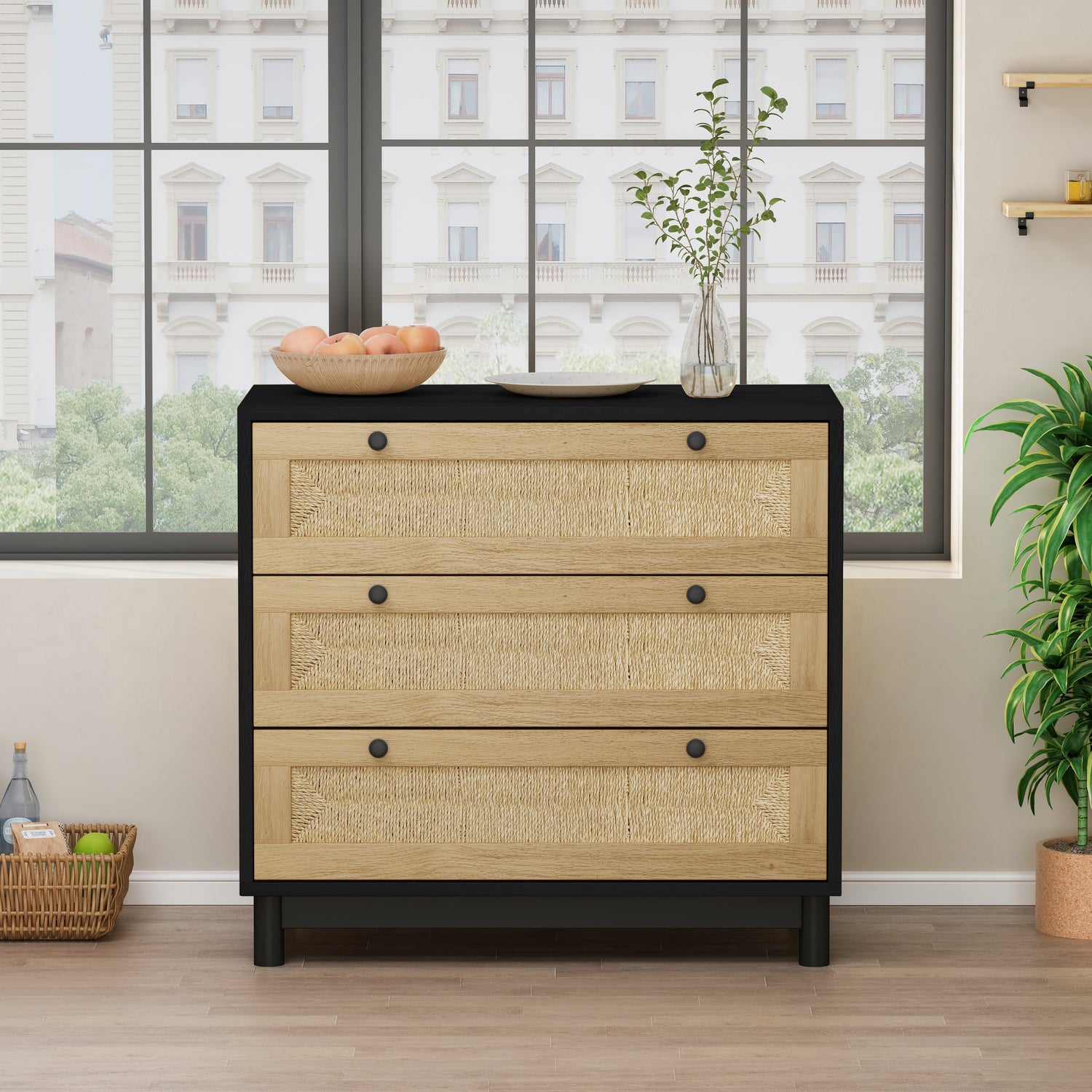 30.31"3-Drawers Storage Cabinet Rope Woven Drawer,for Bedroom,Living Room,Dining Room,Hallways,Black