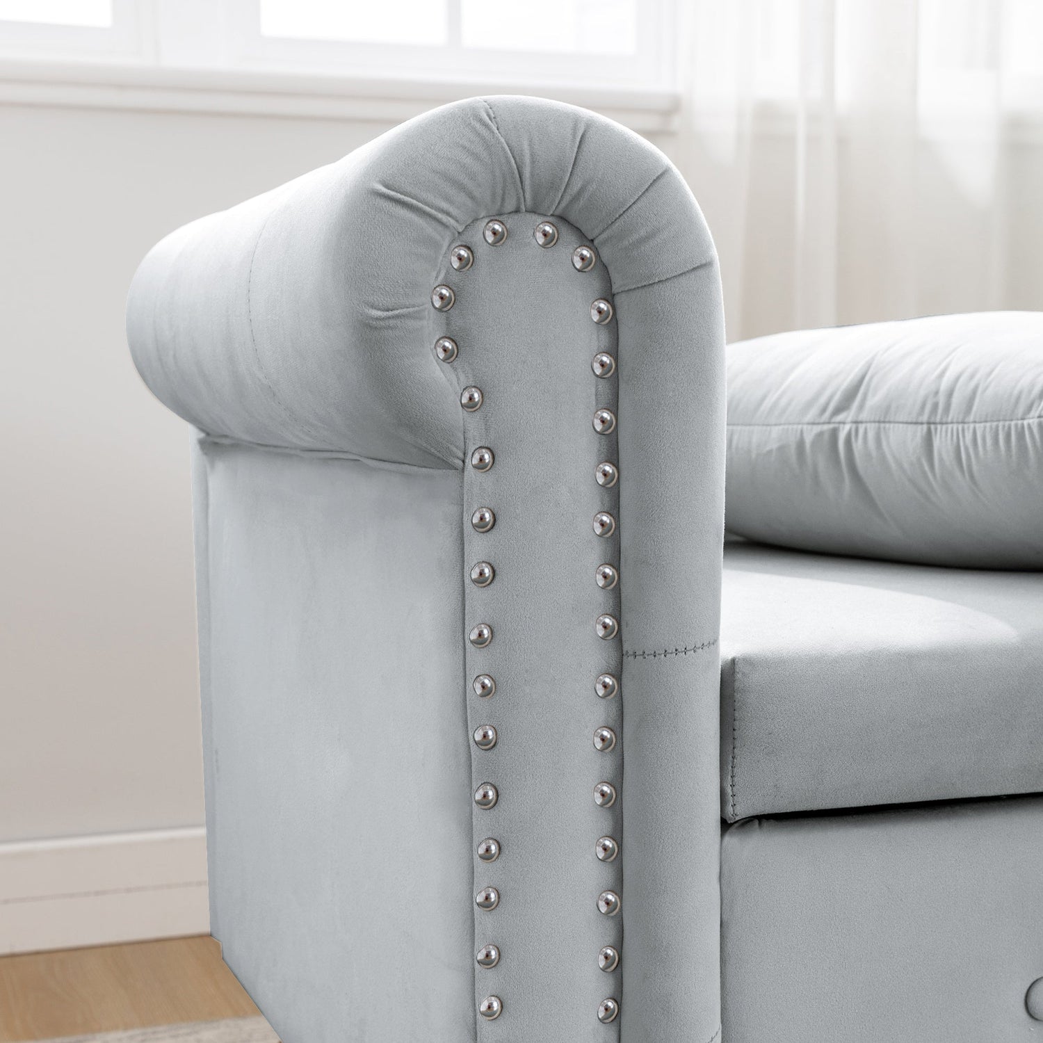 Grey Chaise Lounge Indoor Velvet Lounge Chair for Bedroom with Storage &amp; Pillow Modern Upholstered Rolled Arm Chase Lounge