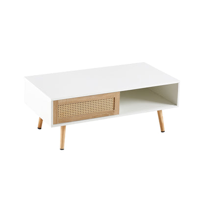 41.34" Rattan Coffee table sliding door for storage solid wood legs White