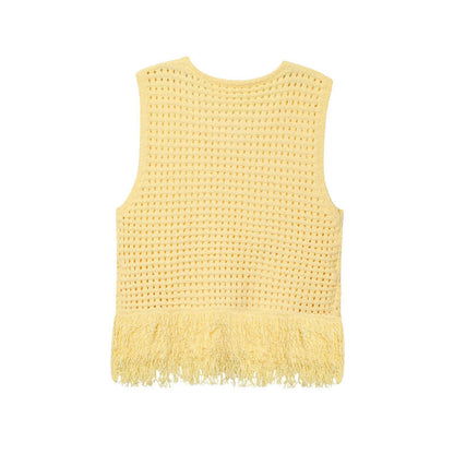 Fashionable Casual Tassel Design Plaid Knitted Top for Women
