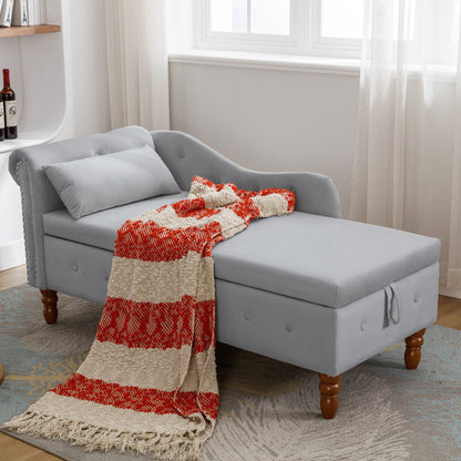 Grey Chaise Lounge Indoor Velvet Lounge Chair for Bedroom with Storage &amp; Pillow Modern Upholstered Rolled Arm Chase Lounge