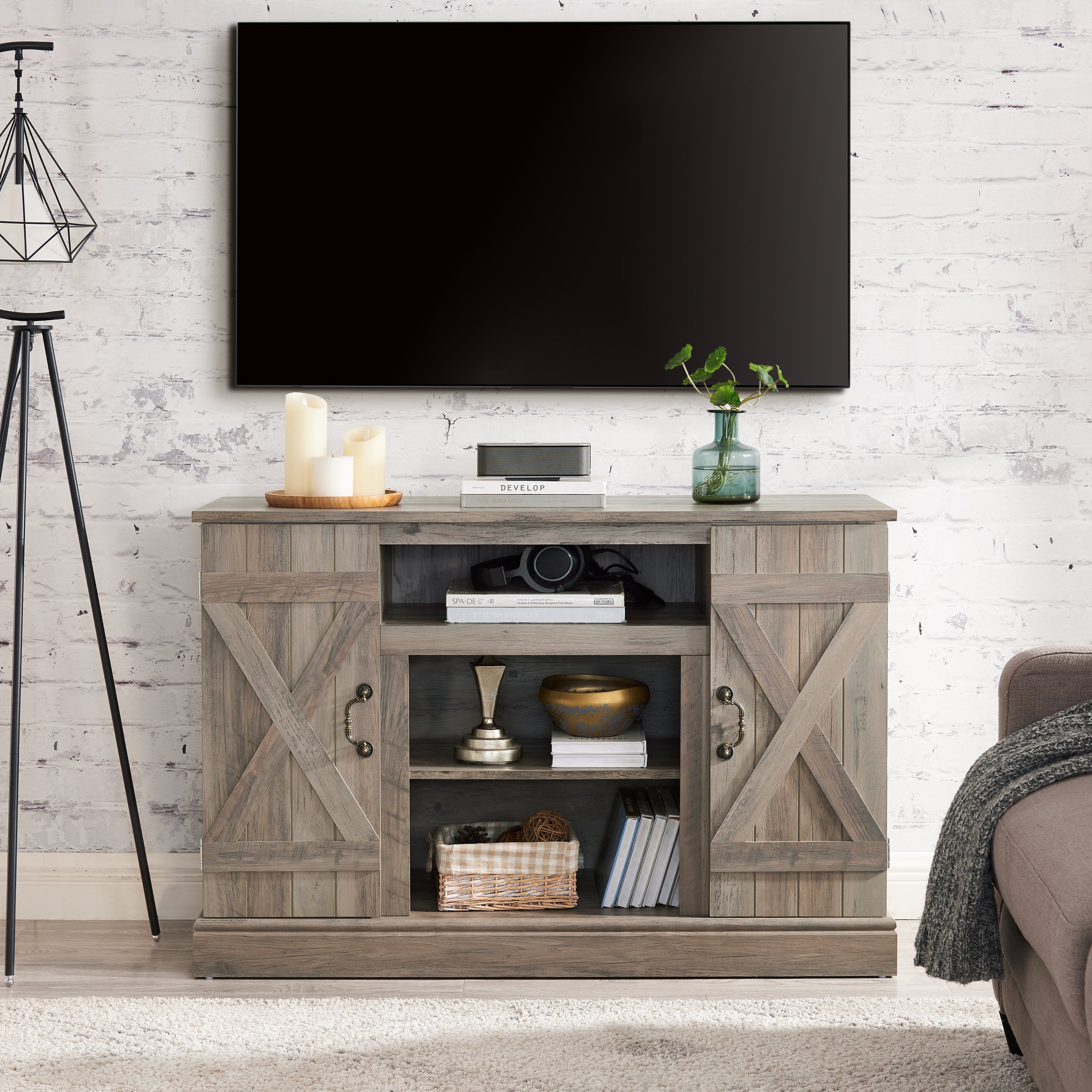 Farmhouse Classic Media TV Stand Antique Entertainment Console for TV up to 50" with Open and Closed Storage Space