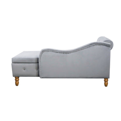Grey Chaise Lounge Indoor Velvet Lounge Chair for Bedroom with Storage &amp; Pillow Modern Upholstered Rolled Arm Chase Lounge